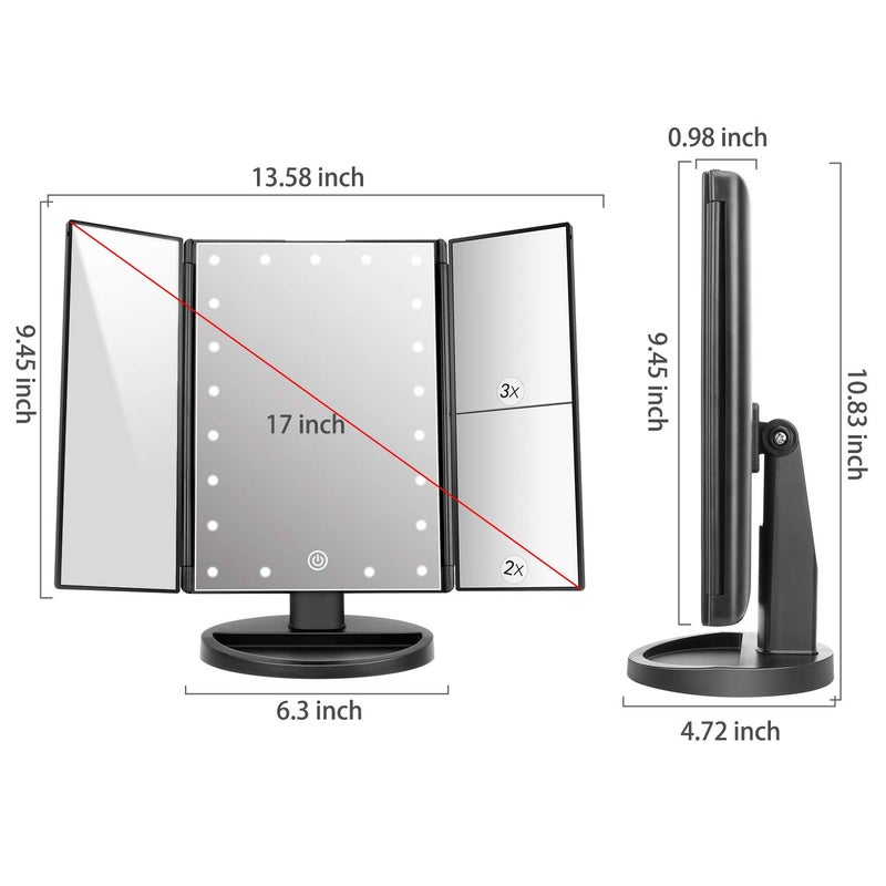 deweisn Tabletop Mount Trifold Lighted Vanity Mirror with 21 LED Lights, Touch Screen and 3X/2X/1X Magnification, Two Power Supply Mode Make up Mirror,Travel Mirror - Image 3